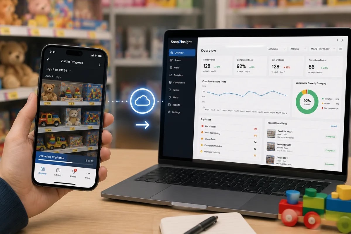 Snap2Insight mobile capture app syncing to the web dashboard