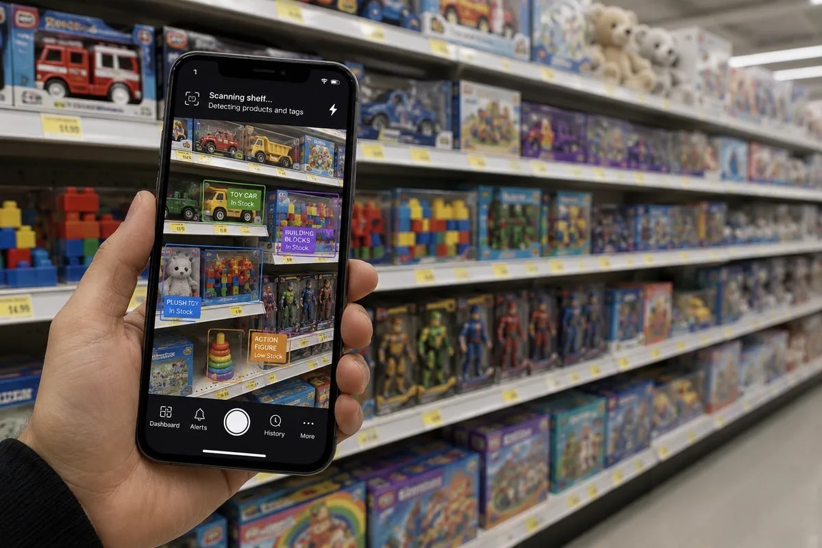 Field rep scanning a toy aisle with the Snap2Insight app