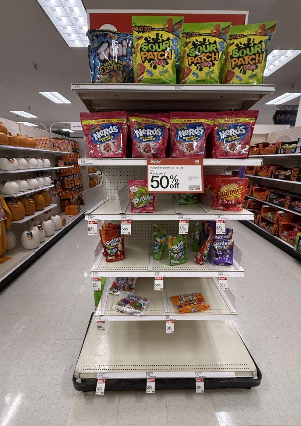 Target candy endcap with a buy-one-get-one sign and nearly empty lower shelves