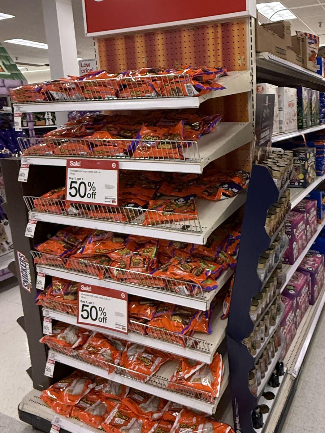 Target Reese's endcap with Buy 1, get 1 50% off signs