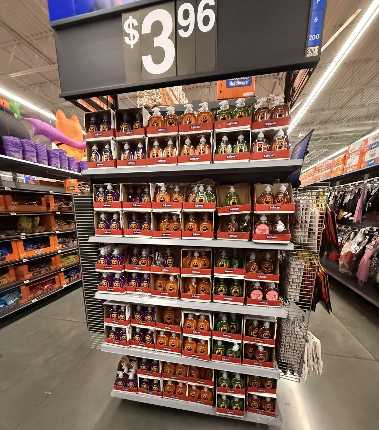 Walmart Action Alley display of Softsoap Halloween hand soap at $3.96